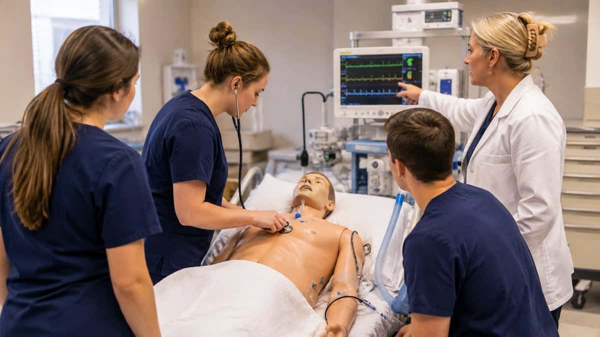 Nurse anesthesia students assessing a high-fidelity manikin in a simulation lab while an instructor points to the vital signs monitor