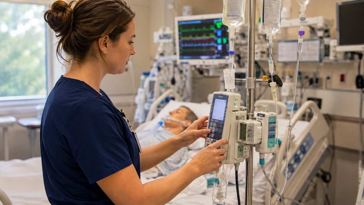 ICU nurse in navy scrubs adjusting infusion pumps at the bedside of a ventilated patient