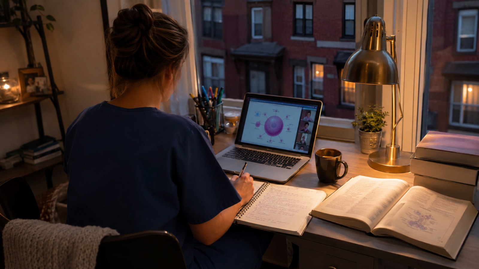 Nurse attending an online pharmacology lecture on a laptop in a Philadelphia apartment at night, representing the fully online first year of the La Salle University CRNA program