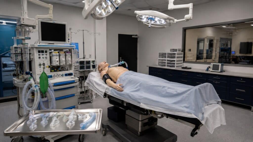 Nursing simulation lab set up as an operating room with an anesthesia machine and patient manikin, representing the on-campus simulation training in the La Salle University CRNA program