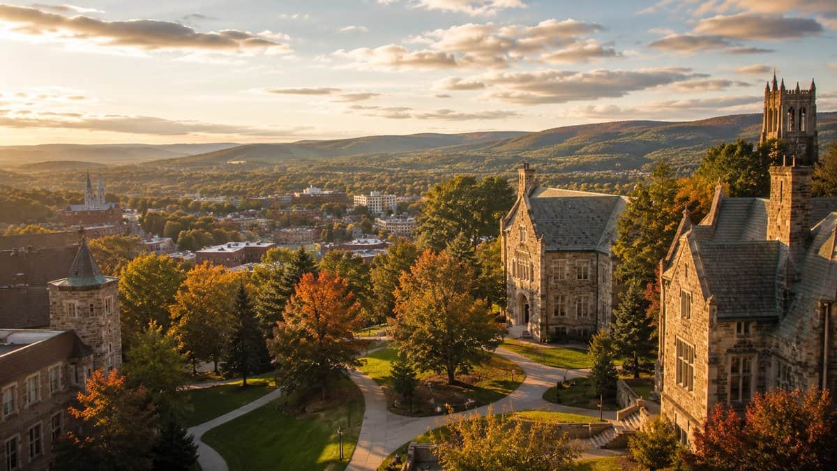Hilltop university campus with stone buildings overlooking the city of Scranton and rolling Pennsylvania mountains