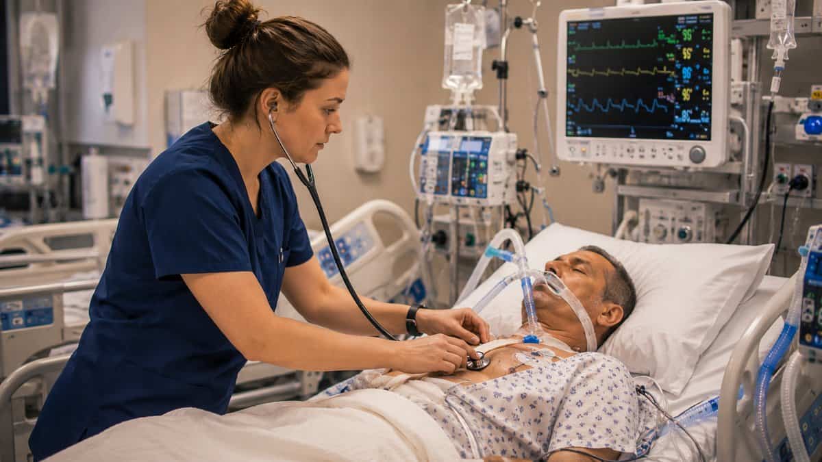 ICU nurse in navy scrubs auscultating a ventilated patient while checking the bedside monitor