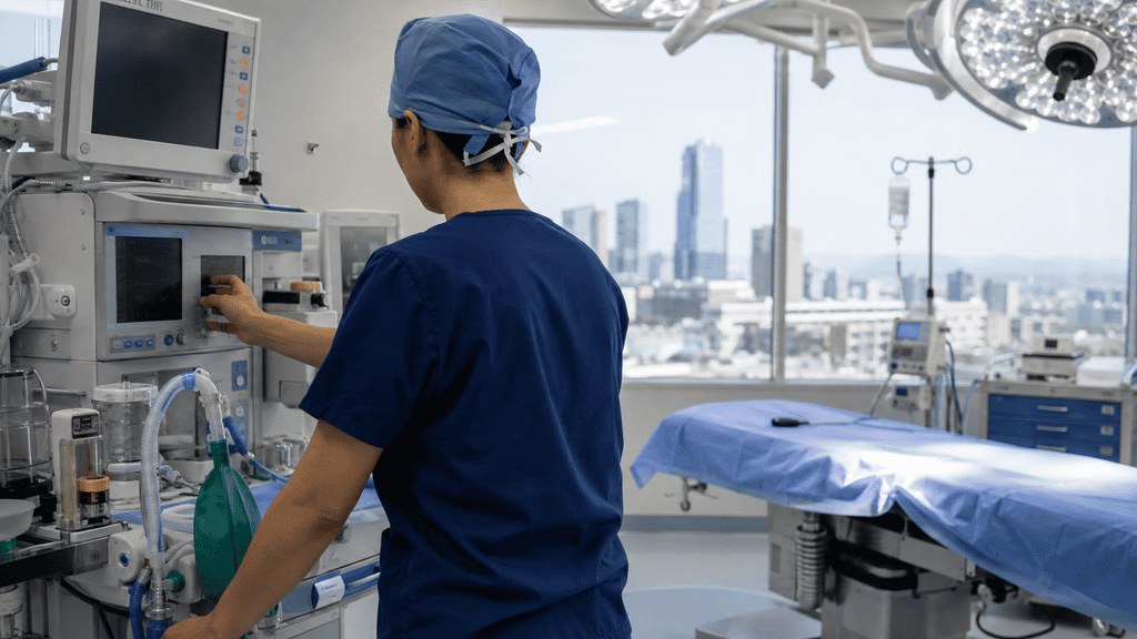 Student nurse anesthetist checking an anesthesia machine in a modern operating room with the Philadelphia skyline through the window, representing the Thomas Jefferson University CRNA program