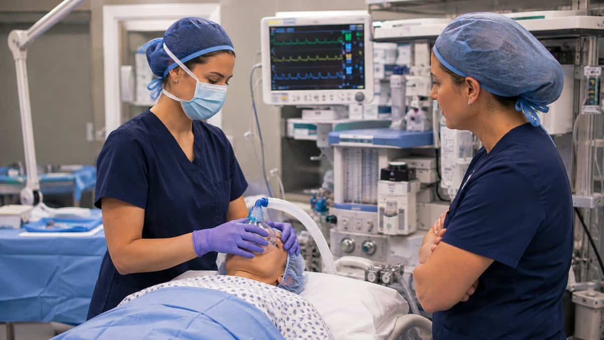 Nurse anesthesia student holding an anesthesia mask over a patient at the head of the operating table while a CRNA mentor observes