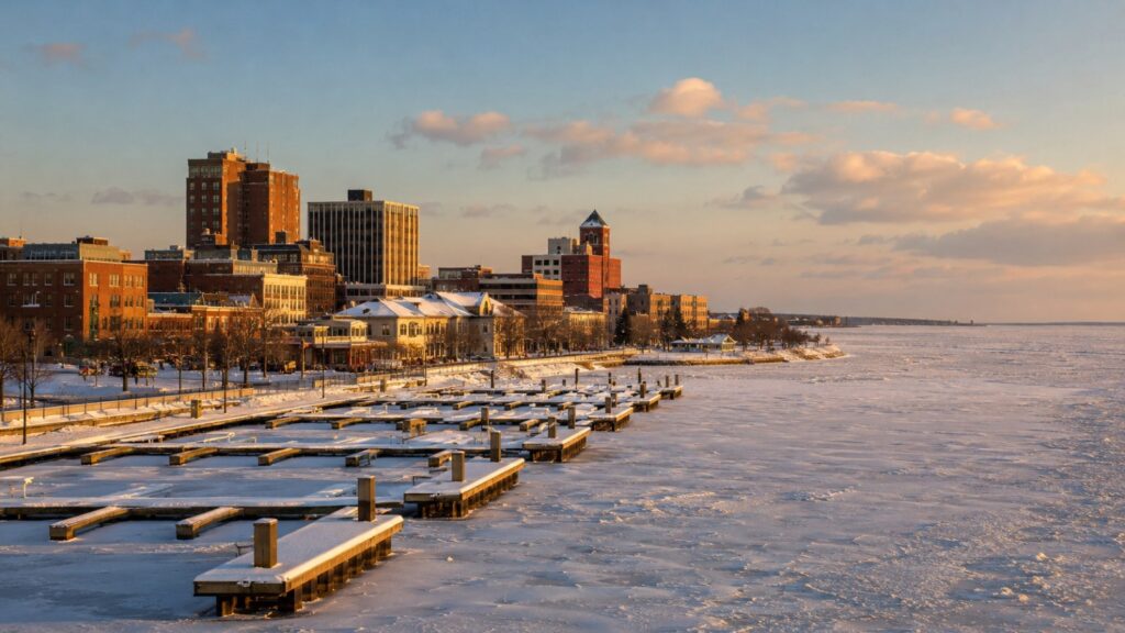 Lakefront city in winter with a frozen lake and snowy docks, representing life in Erie, Pennsylvania for UPMC Hamot/Gannon CRNA students