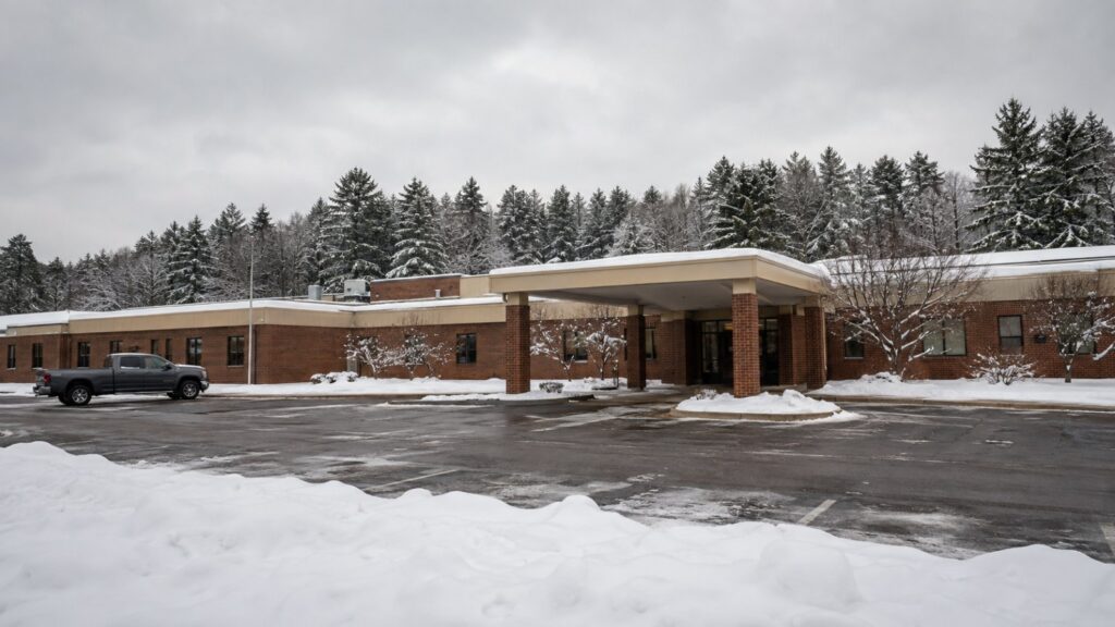 Small rural critical access hospital in northern Pennsylvania in winter, representing the CRNA-only rural rotations in the UPMC Hamot/Gannon nurse anesthesia program