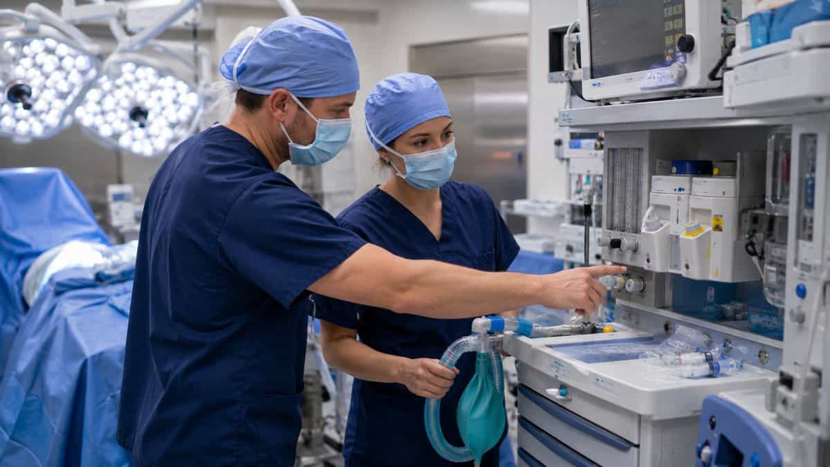 CRNA preceptor pointing out the flowmeters and vaporizers on an anesthesia machine to a single nurse anesthesia student in an operating room, reflecting Villanova's 2:1 clinical ratio