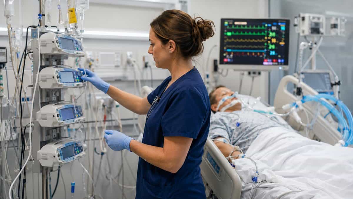 Adult ICU nurse titrating a vasoactive infusion on a stack of IV pumps beside a ventilated patient, the critical care experience Villanova requires for CRNA admission