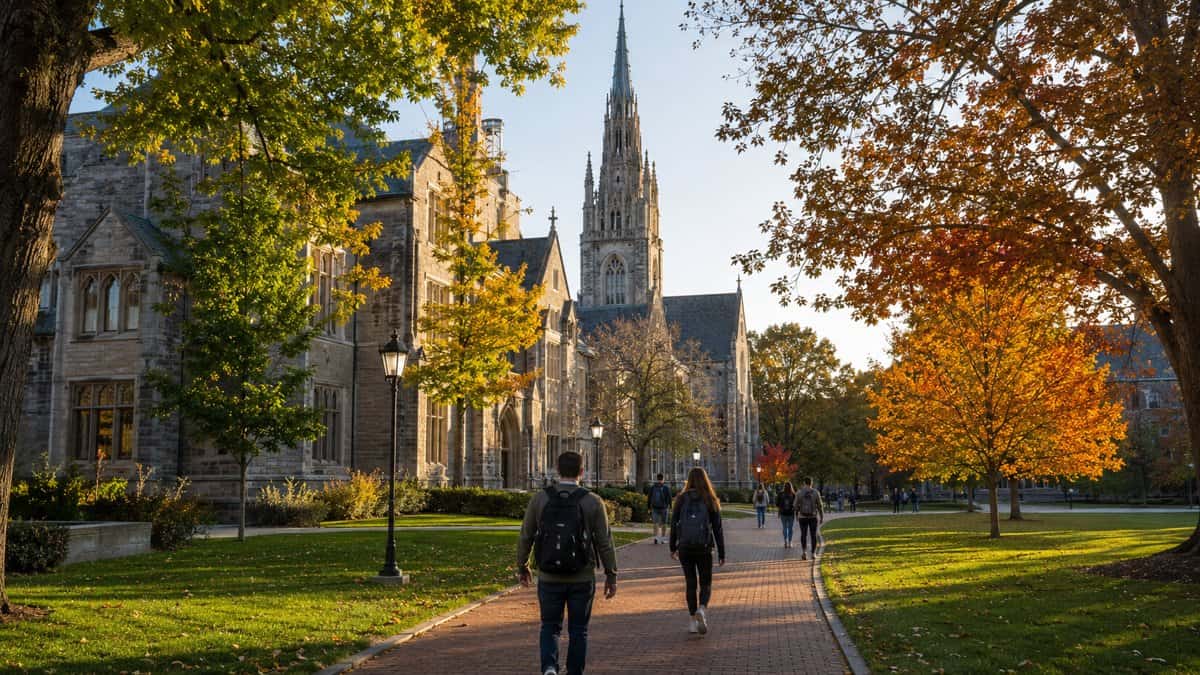Students walking a tree-lined path past collegiate Gothic stone buildings and a chapel spire on a suburban Philadelphia Main Line campus in autumn, representing Villanova University