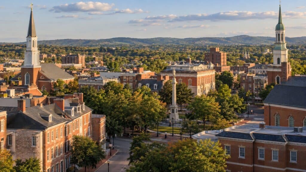 Historic red-brick buildings and church steeples in downtown York, Pennsylvania, home of the York College/WellSpan CRNA program