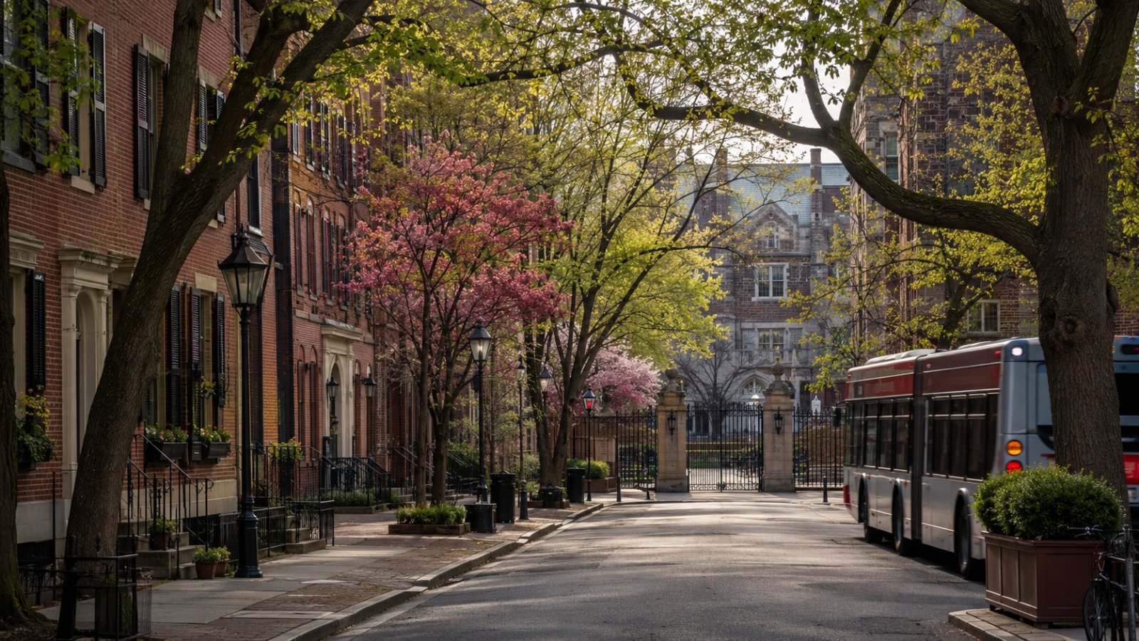 Tree-lined Philadelphia rowhouse street in spring near the La Salle University campus, where La Salle CRNA students live during the program