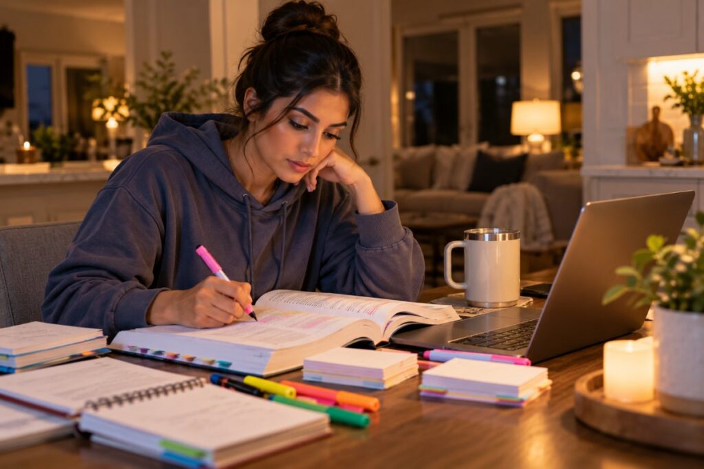 ICU nurse studying for a critical care certification exam at home with a review book and flashcards