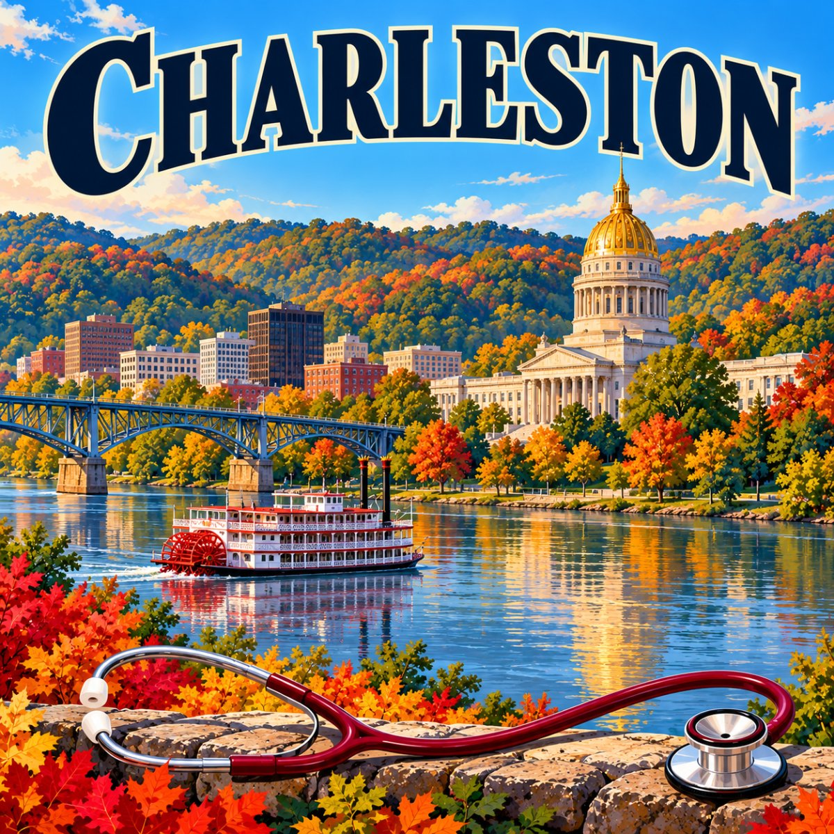 Illustrated Charleston, West Virginia poster with the gold-domed capitol, the Kanawha River, a paddlewheel boat, and a stethoscope