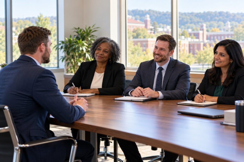 Applicant in a suit interviewing with a three-person faculty panel