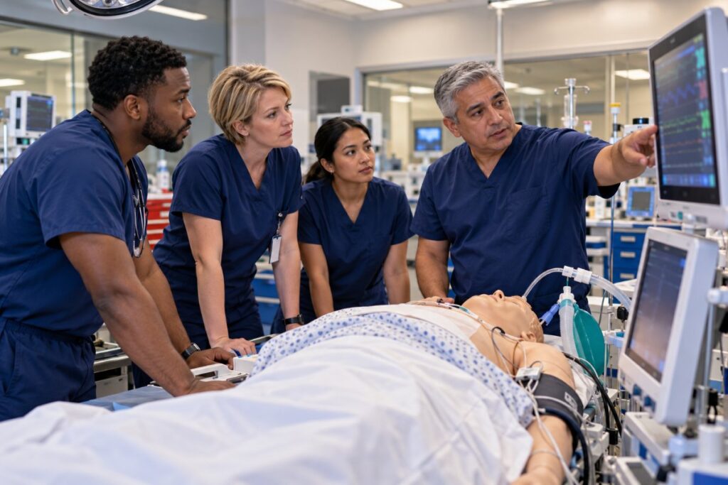 Nurse anesthesia students and an instructor reviewing a patient monitor beside a simulation manikin