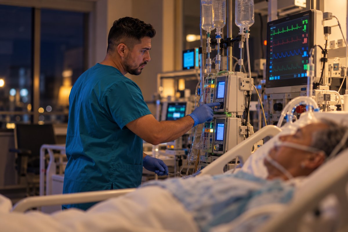 ICU nurse adjusting an IV infusion pump at an adult patient's bedside in an intensive care unit at night