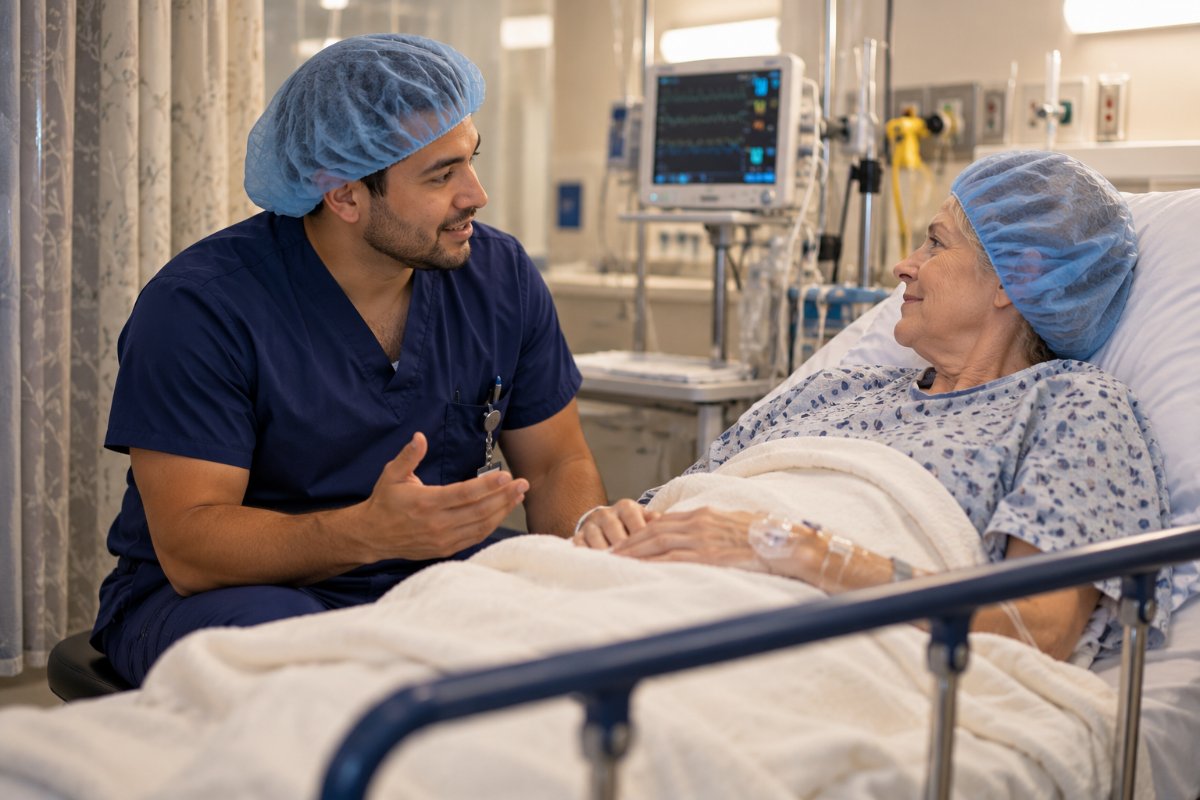 Male nurse anesthesia student explaining the anesthesia plan to an older woman on a stretcher in a pre-operative holding area