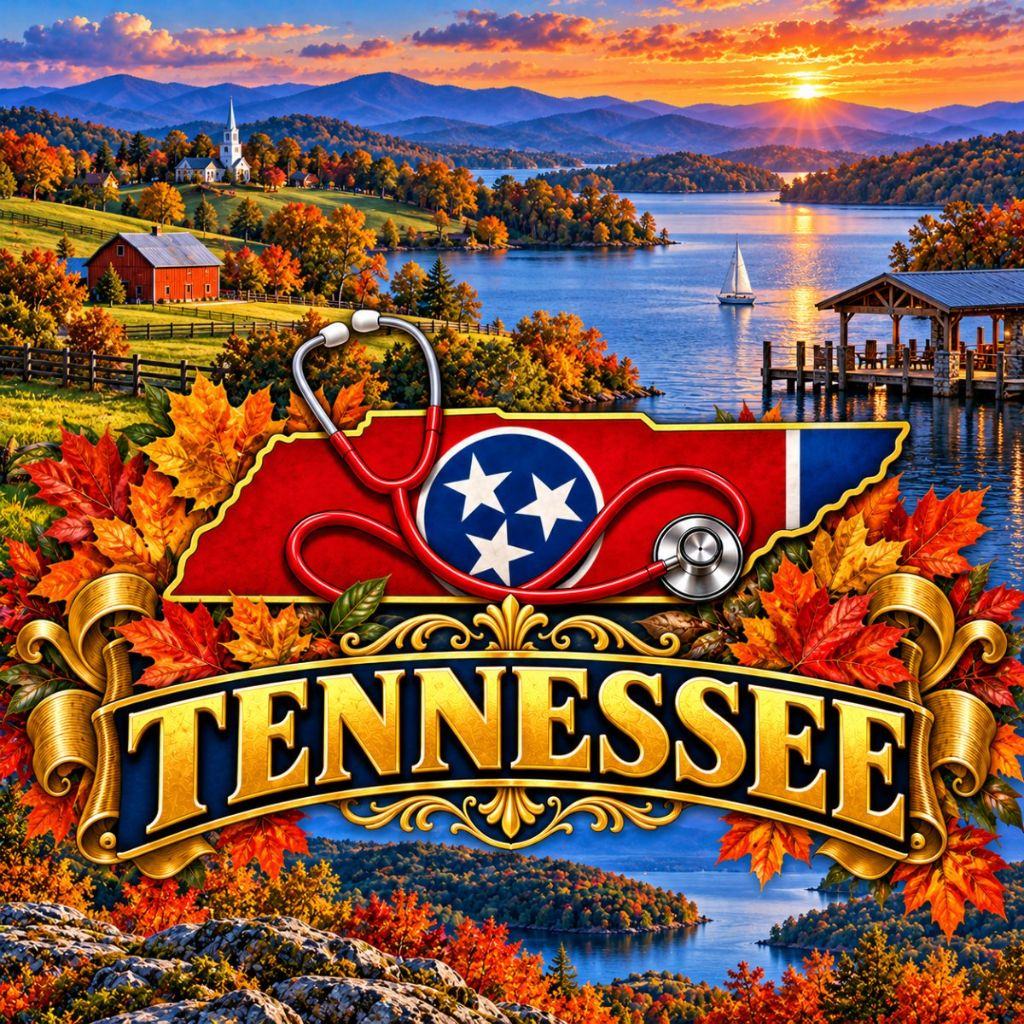 Illustrated Tennessee state outline with the state flag and a stethoscope above an East Tennessee lake in autumn with farmland, a small-town church and mountains