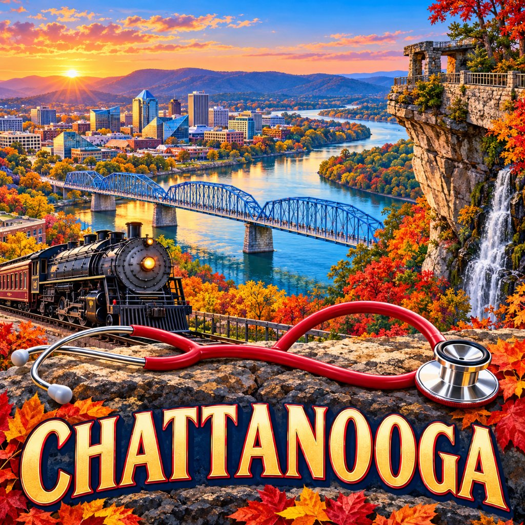 Illustrated Chattanooga poster with Lookout Mountain, the Tennessee River, the Walnut Street Bridge, a vintage locomotive and a stethoscope