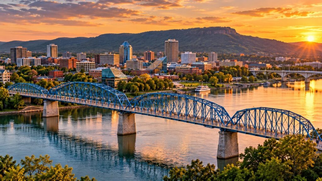 Walnut Street Bridge over the Tennessee River in downtown Chattanooga at golden hour