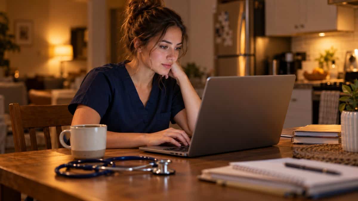 Nurse in navy scrubs working on a CRNA school application on a laptop at a kitchen table in the evening, with a stethoscope and coffee mug nearby