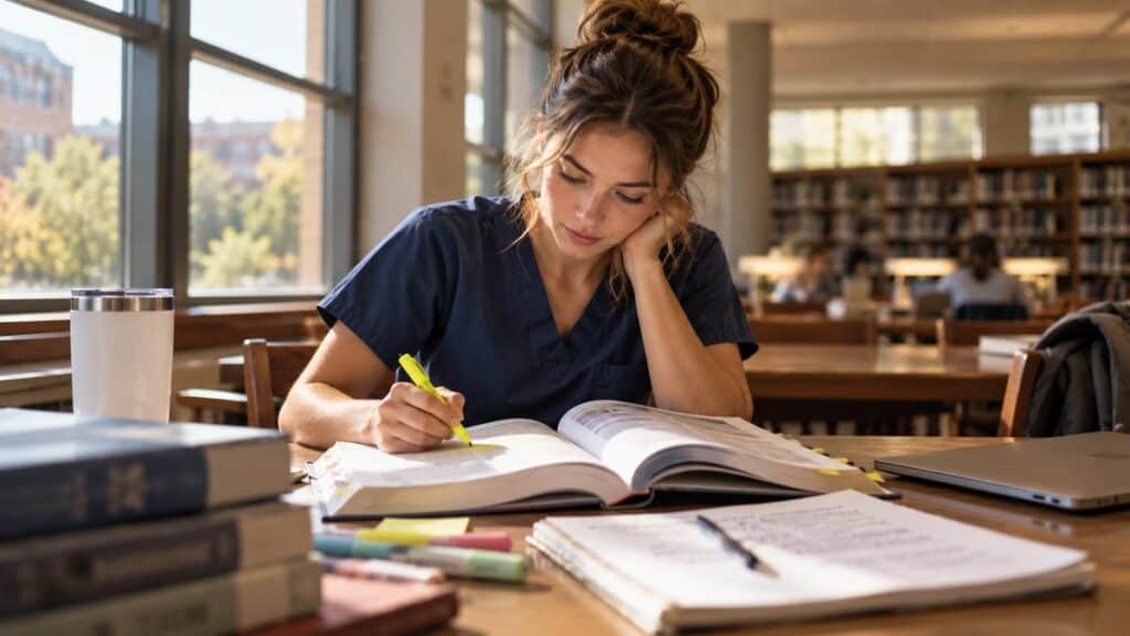 Nurse studying a critical care certification review book with a highlighter at a university library table