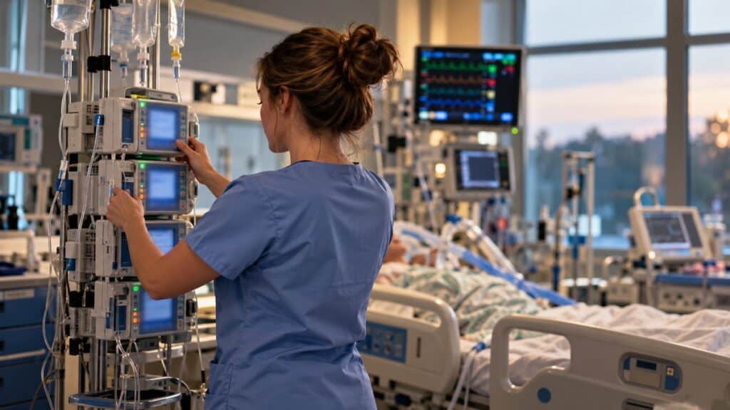 ICU nurse adjusting an IV infusion pump tower at an adult ICU bedside, the critical care experience CRNA programs look for