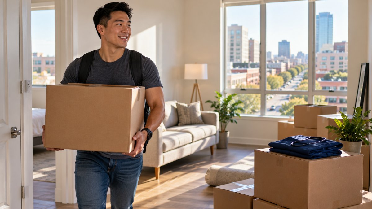 Nurse anesthesia student carrying a moving box into a new apartment in a new city for clinical training