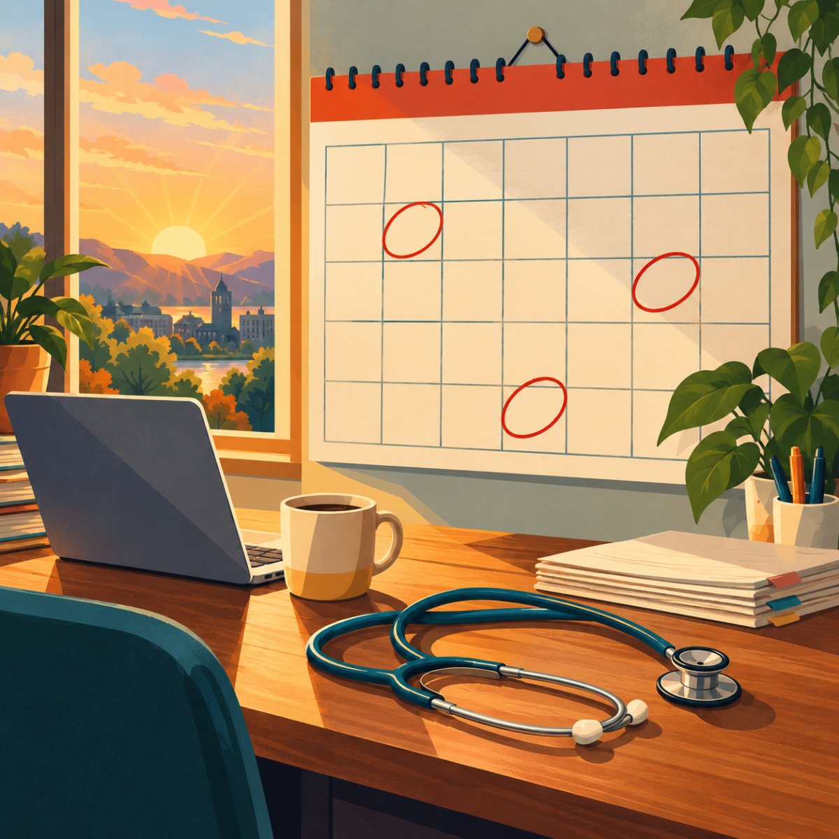 Illustrated wall calendar with deadline dates circled in red above a desk with a laptop, coffee mug and stethoscope