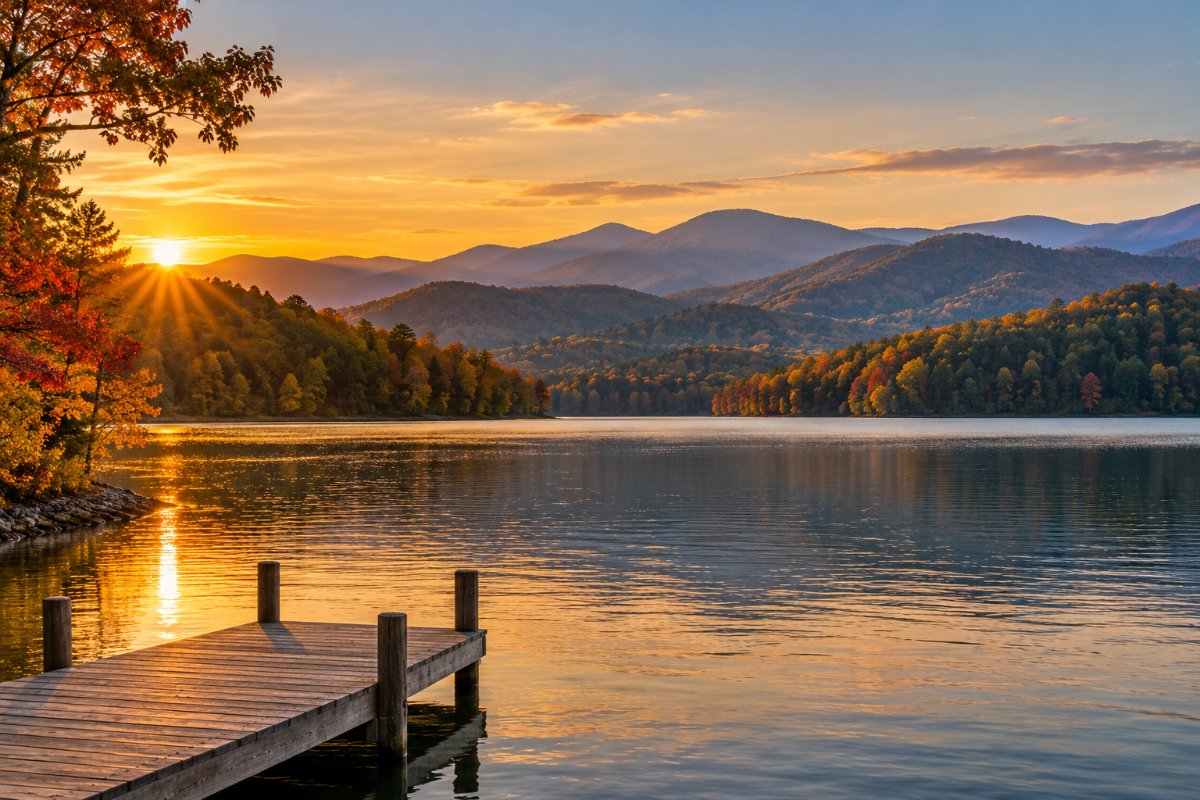 East Tennessee lake at sunset with fall foliage and Appalachian mountain ridges near Jefferson City