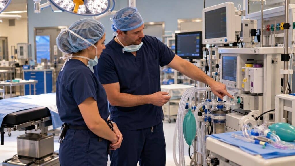 CRNA preceptor showing a nurse anesthesia student the anesthesia machine breathing circuit during a morning machine check in an operating room