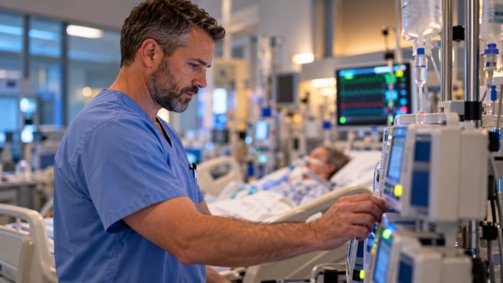 Critical care nurse adjusting an IV infusion pump at a patient bedside in an adult intensive care unit