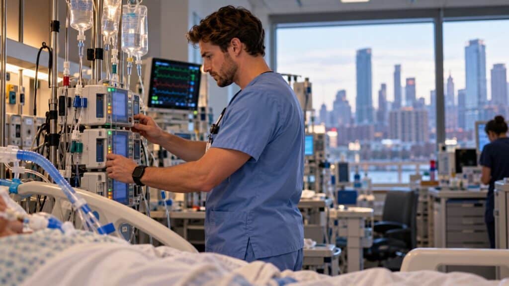 ICU nurse titrating a medication drip on an IV pump at the bedside in a big-city hospital ICU, the critical care experience Jefferson CRNA applicants need