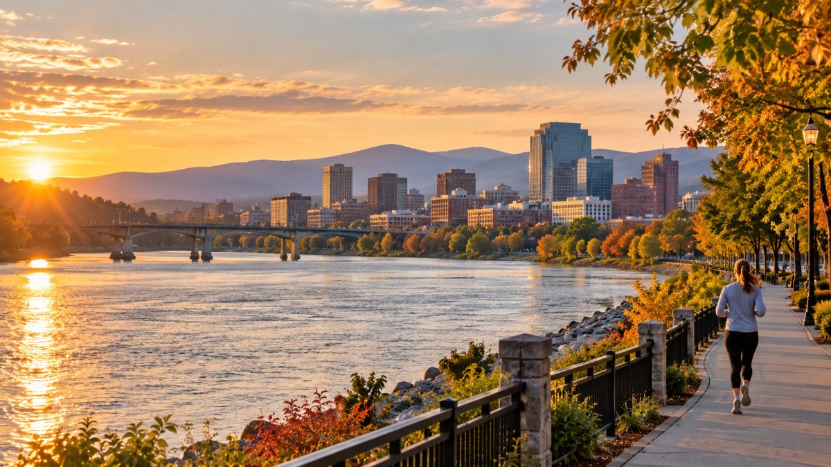 Riverside walking path and downtown skyline with mountains on the horizon at golden hour