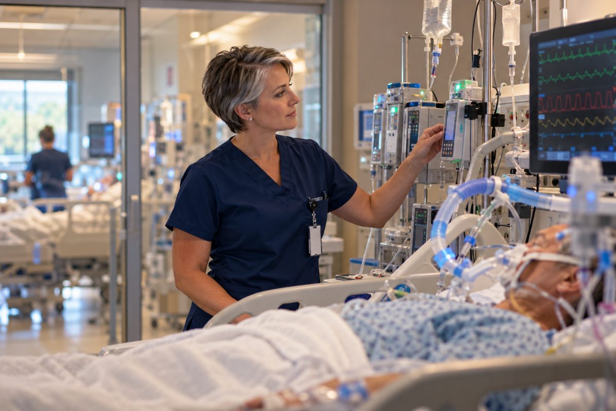 ICU nurse in navy scrubs checking an IV infusion pump at the bedside of an adult patient on a ventilator in an intensive care unit