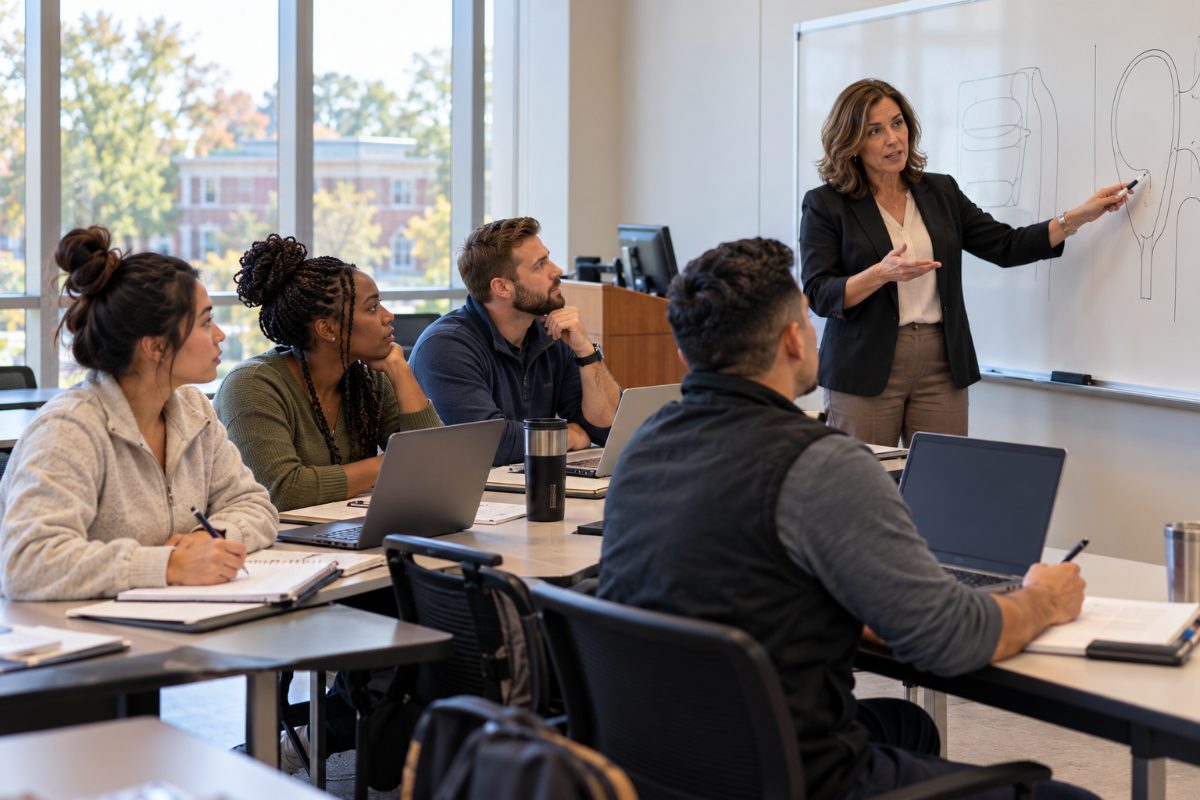 Nurse anesthesia graduate students with laptops listening to a faculty member during an on-campus intensive session in a university classroom