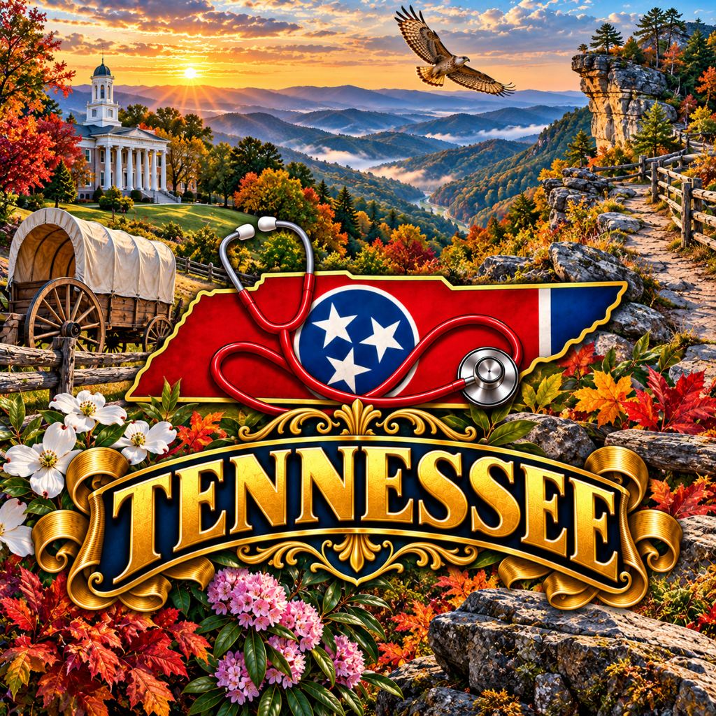 Illustrated Tennessee state outline with the state flag and a stethoscope at Cumberland Gap, with a mountain pass overlook, a historic college hall, a covered wagon wheel and autumn forest