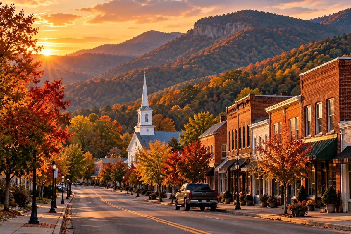 Small Appalachian town main street with brick storefronts and a white church below wooded mountain ridges in autumn