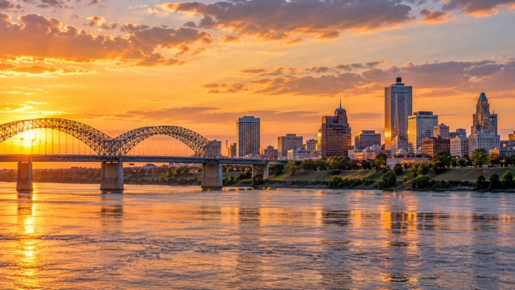 Downtown Memphis skyline along the Mississippi River at golden hour