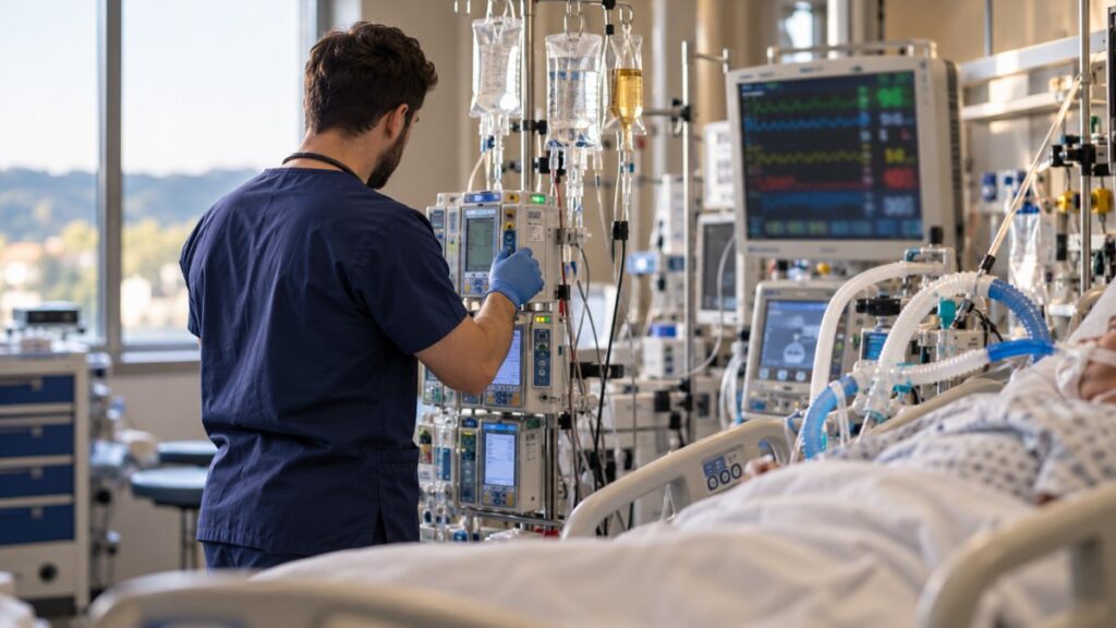 ICU nurse in navy scrubs adjusting an IV infusion pump beside a ventilated adult patient in an intensive care unit
