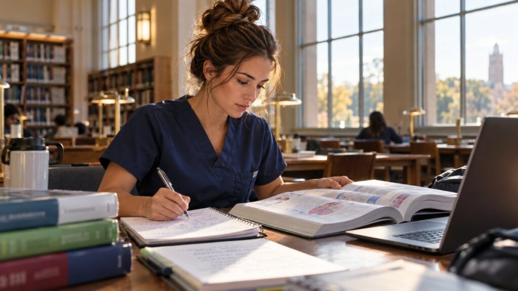 Nurse anesthesia student in navy scrubs studying a pharmacology textbook at a library table