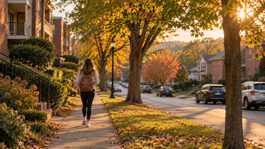 Tree-lined residential street with brick apartments in a Nashville-area neighborhood in autumn