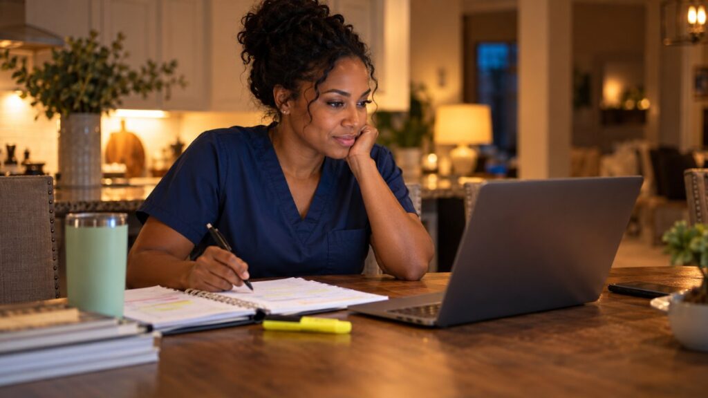 Nurse in navy scrubs planning graduate school applications at her kitchen table with a laptop and paper planner