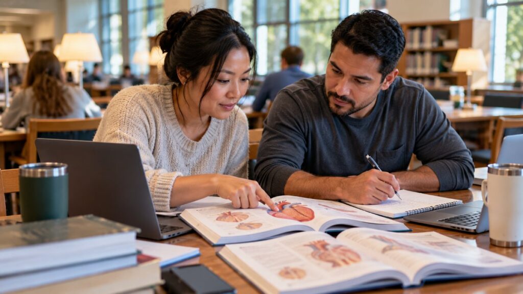 Two graduate nursing students studying a heart diagram together at a library table
