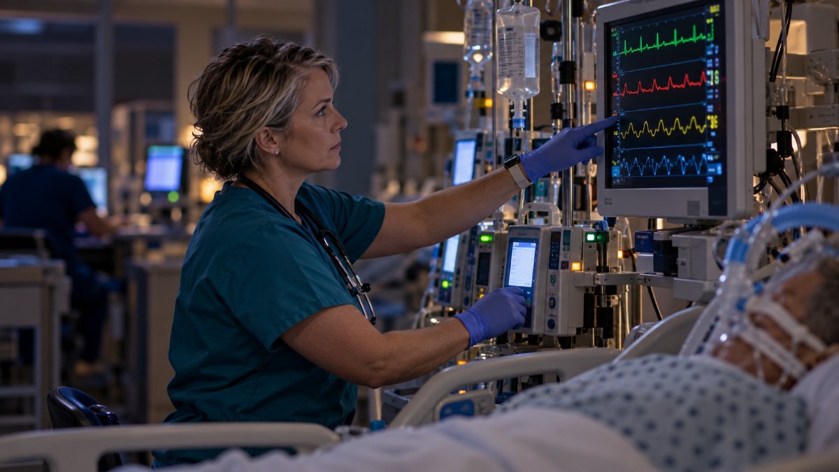 Critical care nurse checking an arterial line waveform and titrating an IV infusion for an adult ICU patient