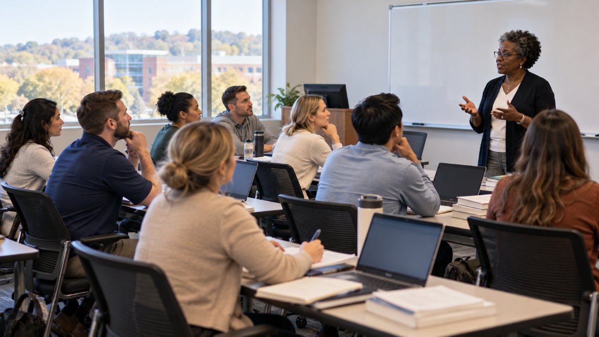 Graduate nurse anesthesia students with laptops during an on-campus intensive session led by a faculty member