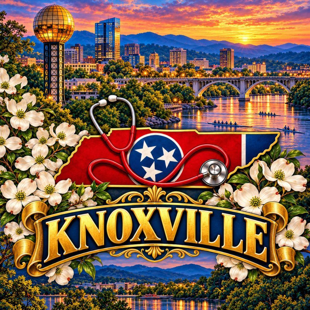 Illustrated Tennessee state outline with the state flag and a stethoscope over the Knoxville riverfront skyline, Tennessee River bridge and dogwood blossoms