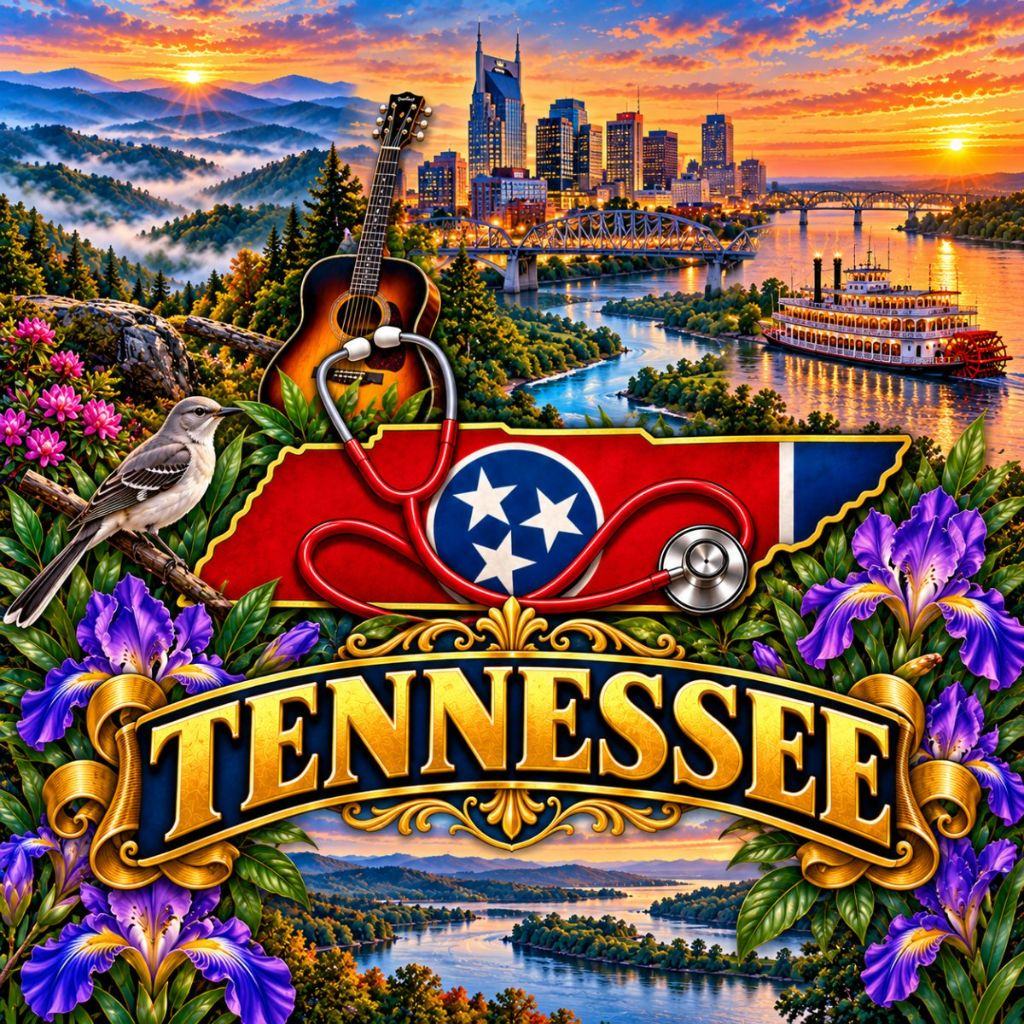Illustrated Tennessee state outline with the state flag and a stethoscope spanning the Smoky Mountains, a city skyline with a guitar, the Mississippi River and a mockingbird on irises