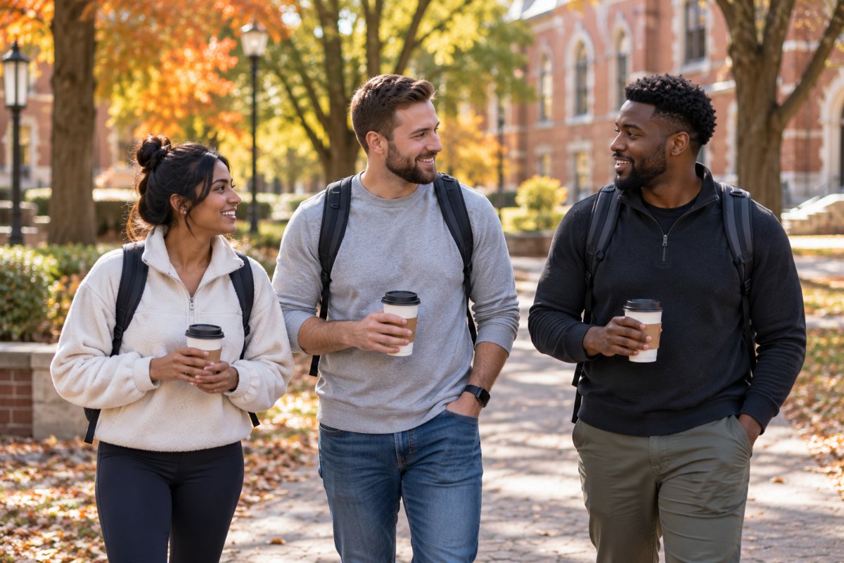 Three nurse anesthesia graduate students with backpacks and coffee walking together on a leafy university campus in autumn