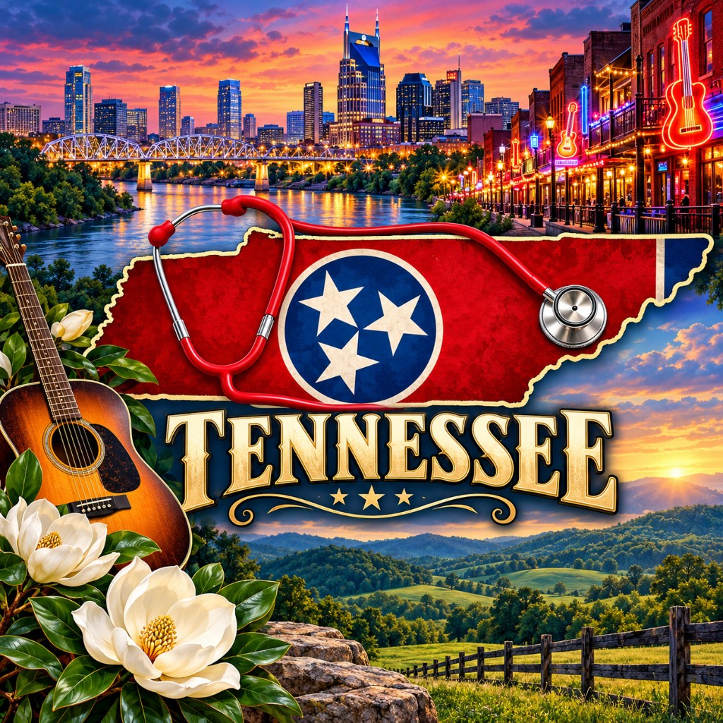 Illustrated Tennessee state outline with the state flag, Nashville skyline, guitar, Cumberland River and a stethoscope